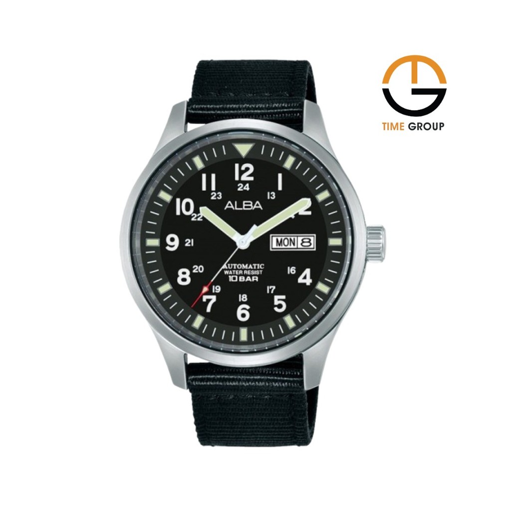 JAM TANGAN PRIA ALBA AL4223 AL4223X1 AUTOMATIC ANALOG SILVER BLACK NYLON STRAP