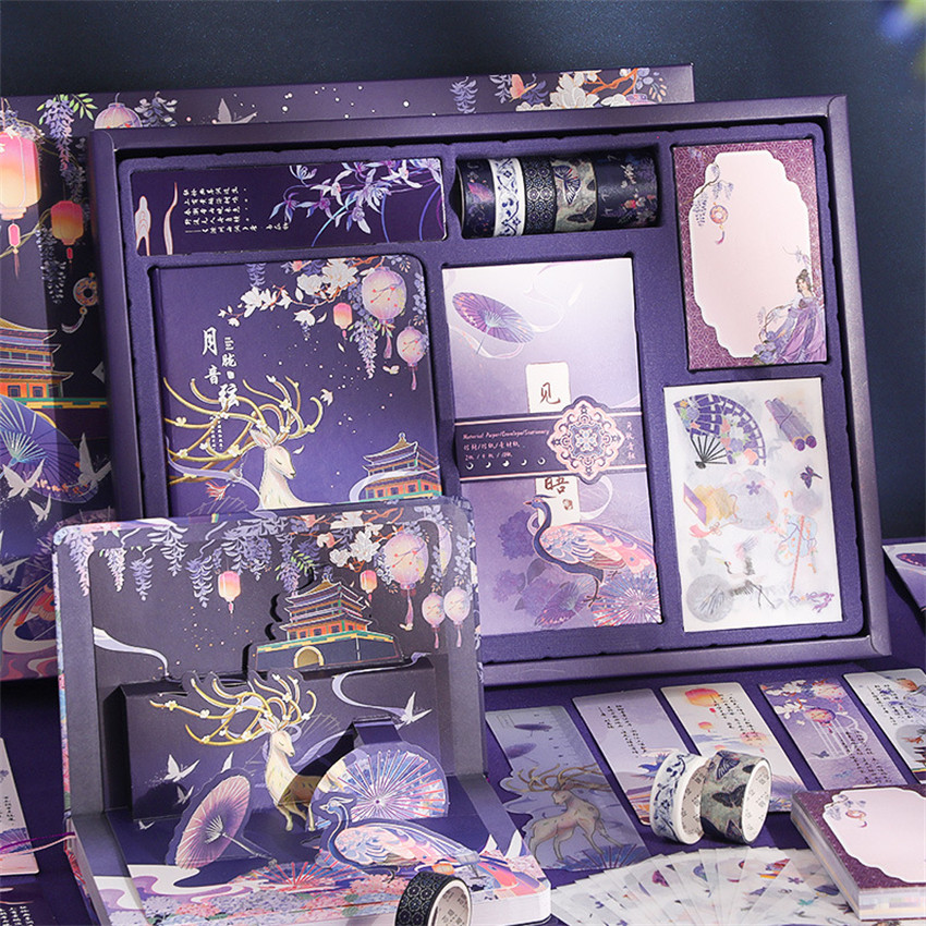 

154 Pcs China Vintage Stationery Set Gift Bo Illustration Notebook Gold Foil Washi Tape Ruler Sticky Sticker Full Color Notepad