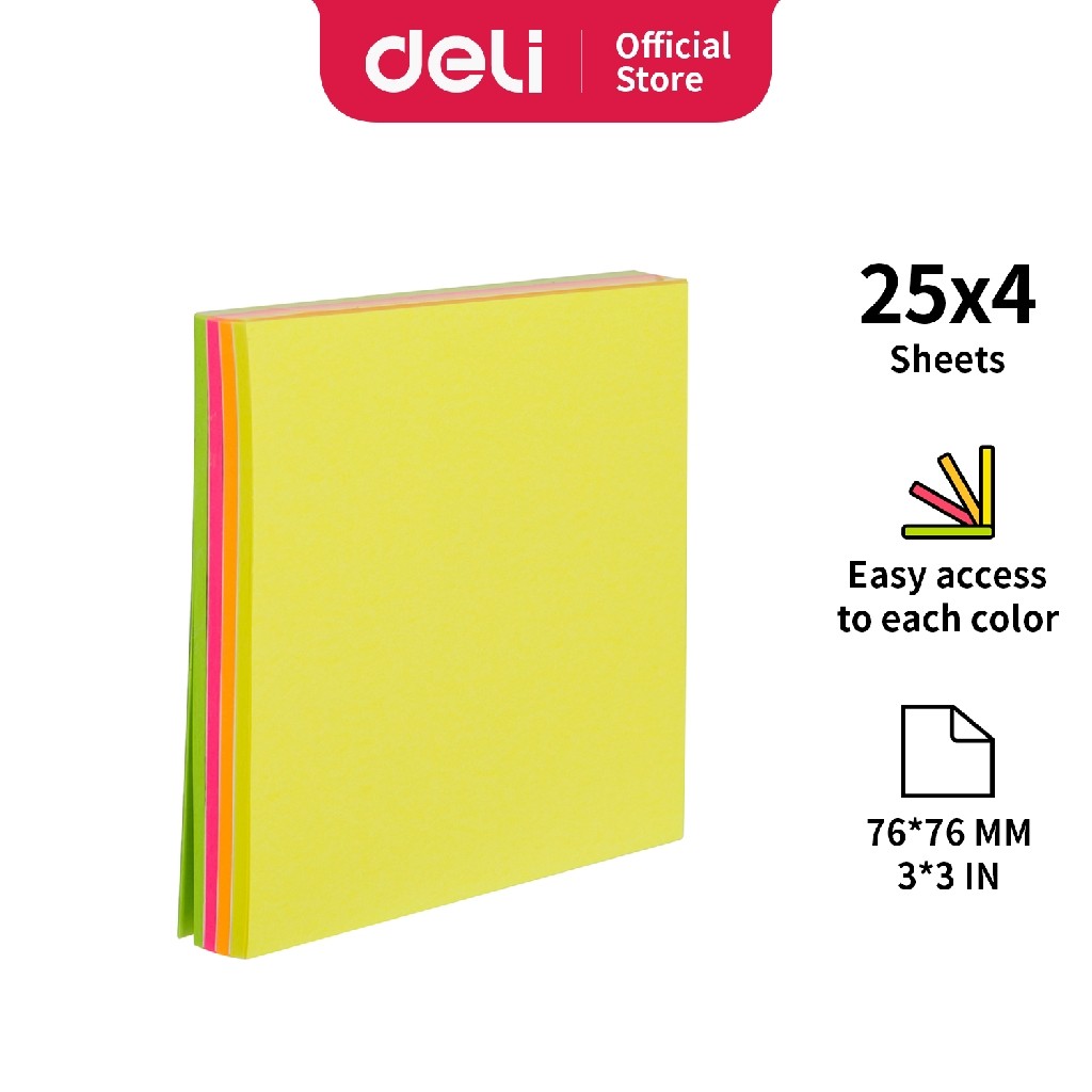 

Deli Memo tempel Note Pad 76×76mm 3''x3" 4 warna 100 sheet perekat kuat dan tahan lama EA02002