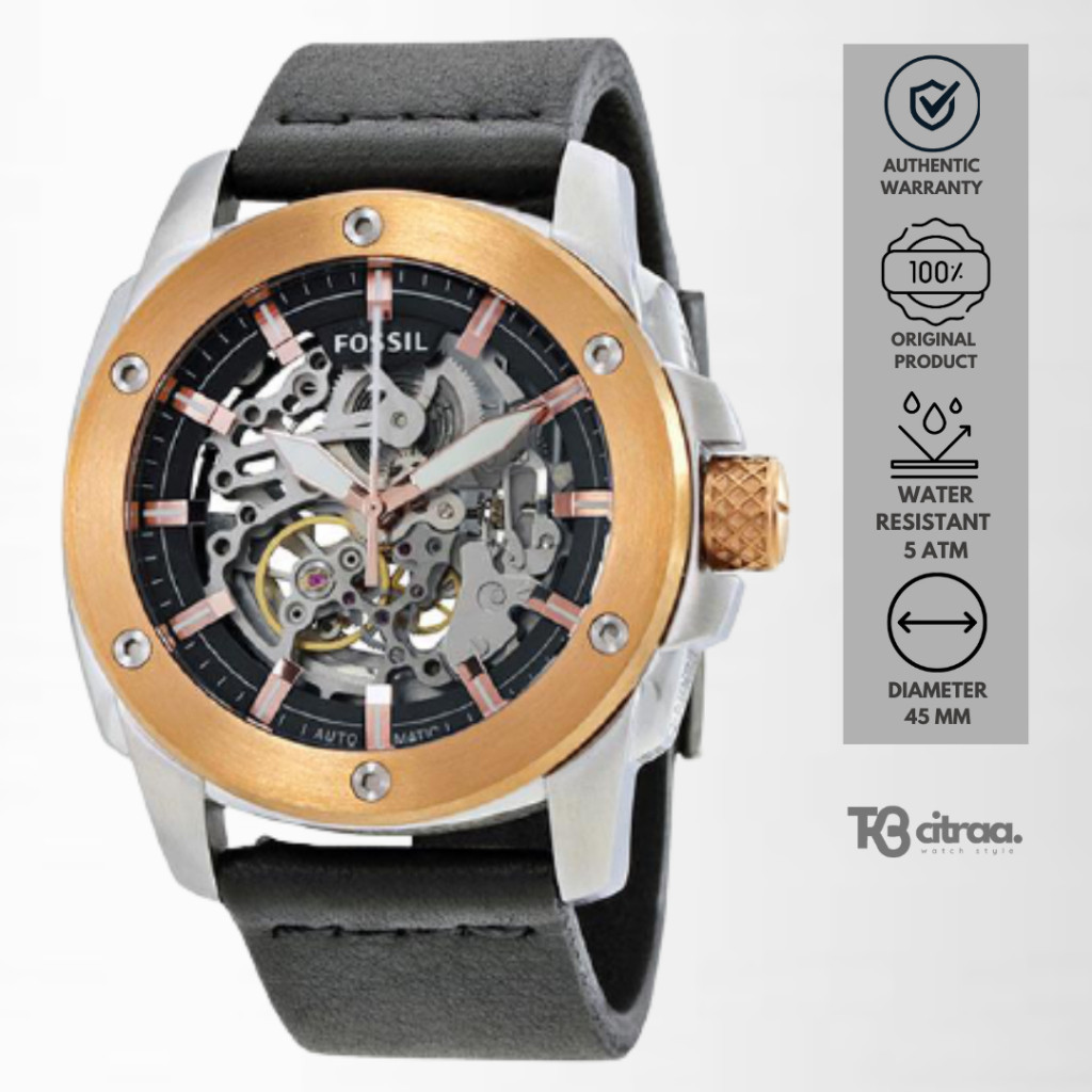 jam tangan fossil automatic pria modern mechine analog strap kulit cowok hitam black leather water resistant casual elegant original ME3082