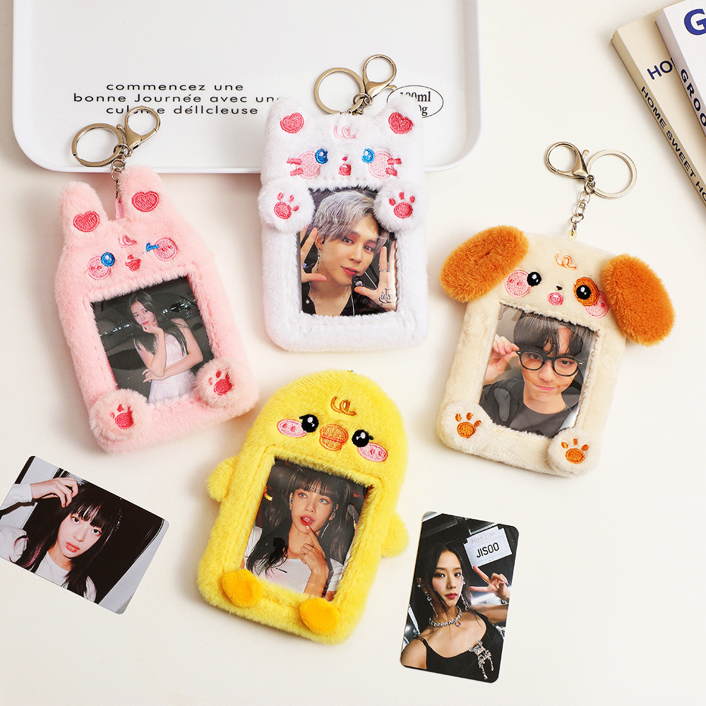 

Cartoon Plush Photocard Holder Kpop Idol Photo Sleeve Case ID Card Cover With Keychain Bag Protective Pendant Decor Stationery