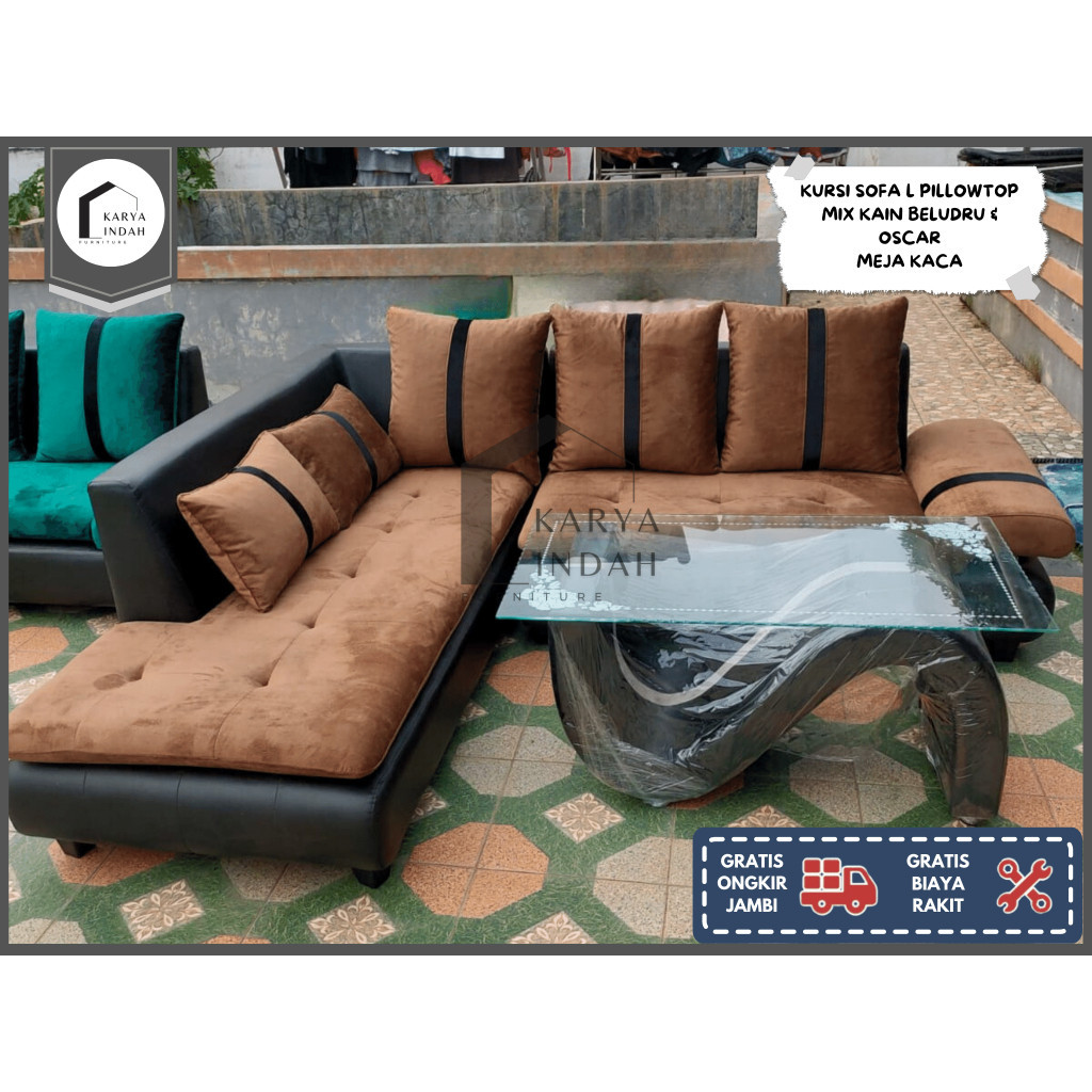 Kursi Sofa Tamu L PILLOWTOP MIX Kain Kulit Oscar & Beludru Modern Minimalis + Meja Antik Kaca Temper