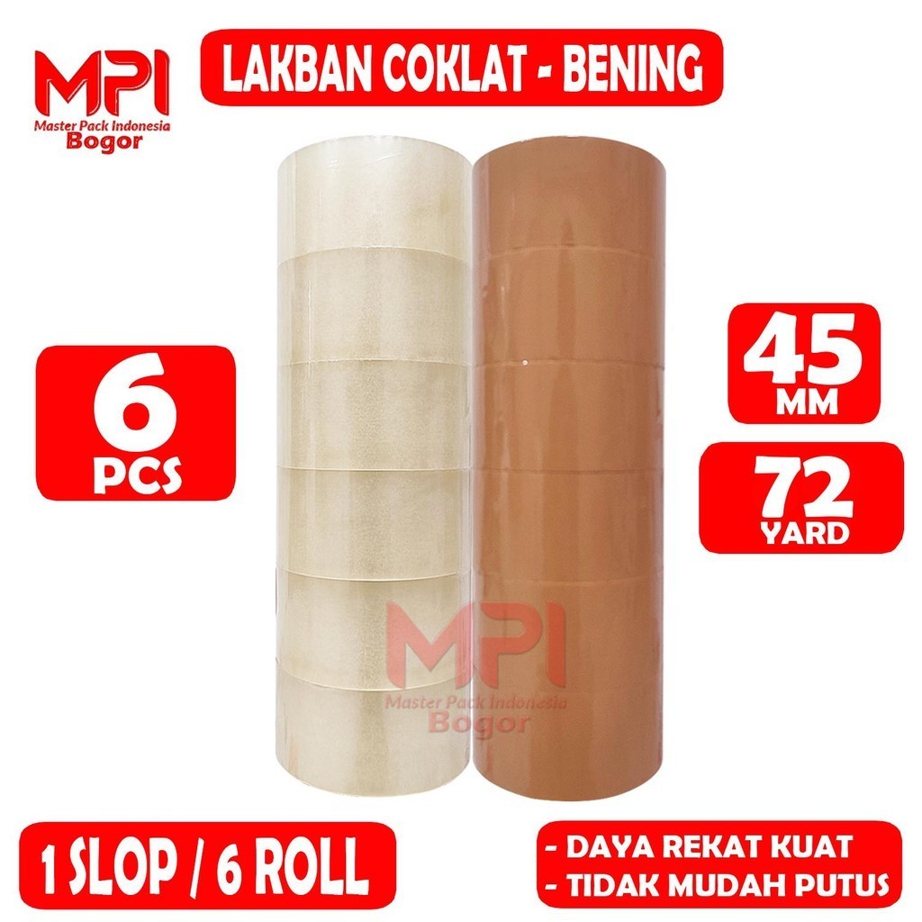 

1 SLOP [ 6 PCS ] - Lakban Coklat - Lakban Bening MPI 45 mm x 72 Yard BC - Lakban Untuk Packing - Master Pack Indonesia Bogor