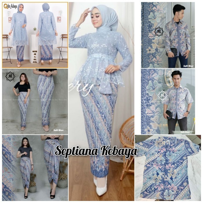 set couple kebaya modern/ couple kebaya warna baby blue / batik couple - rok plisket, XL