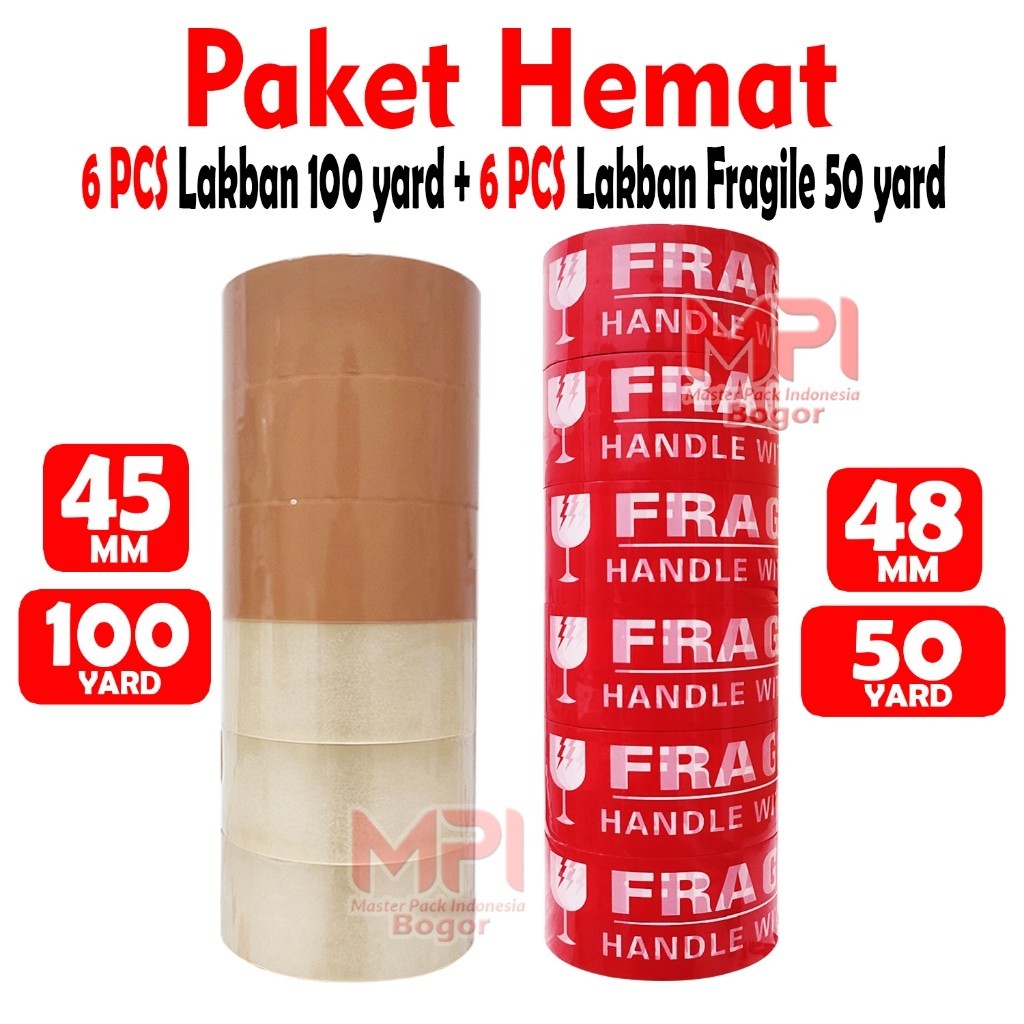 

PAKET HEMAT - 3 Pcs Lakban Coklat + 3 Pcs Lakban Bening 100 yard + 6 Pcs Lakban Fragile Merah 50 yard - Master Pack Indonesia Bandung