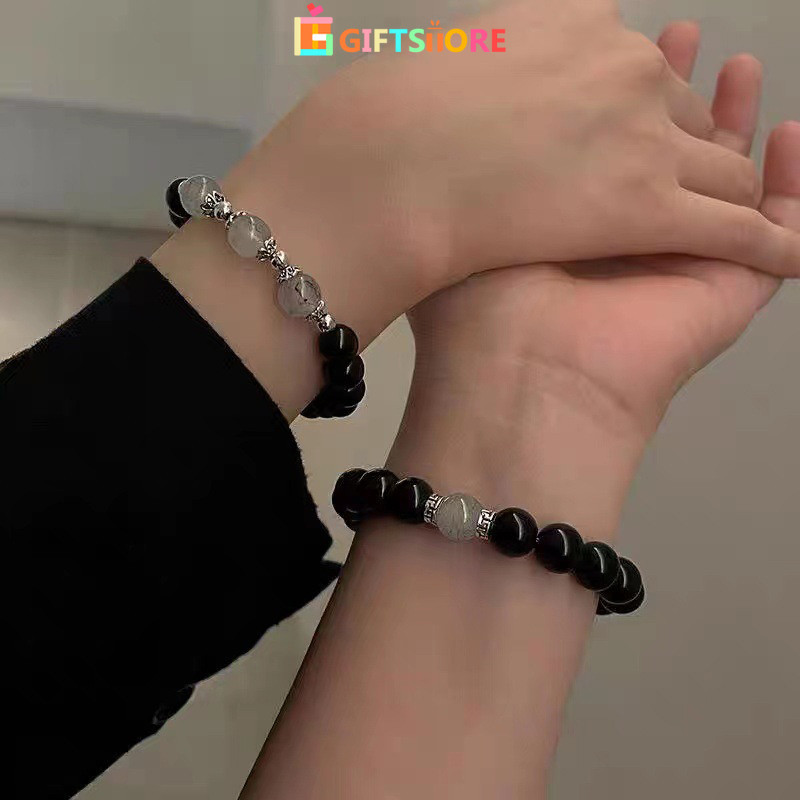 ✨COD Gelang Pasangan Manik-manik Kristal Hitam Magnetik Gelang Peregangan Dapat Disesuaikan-GS