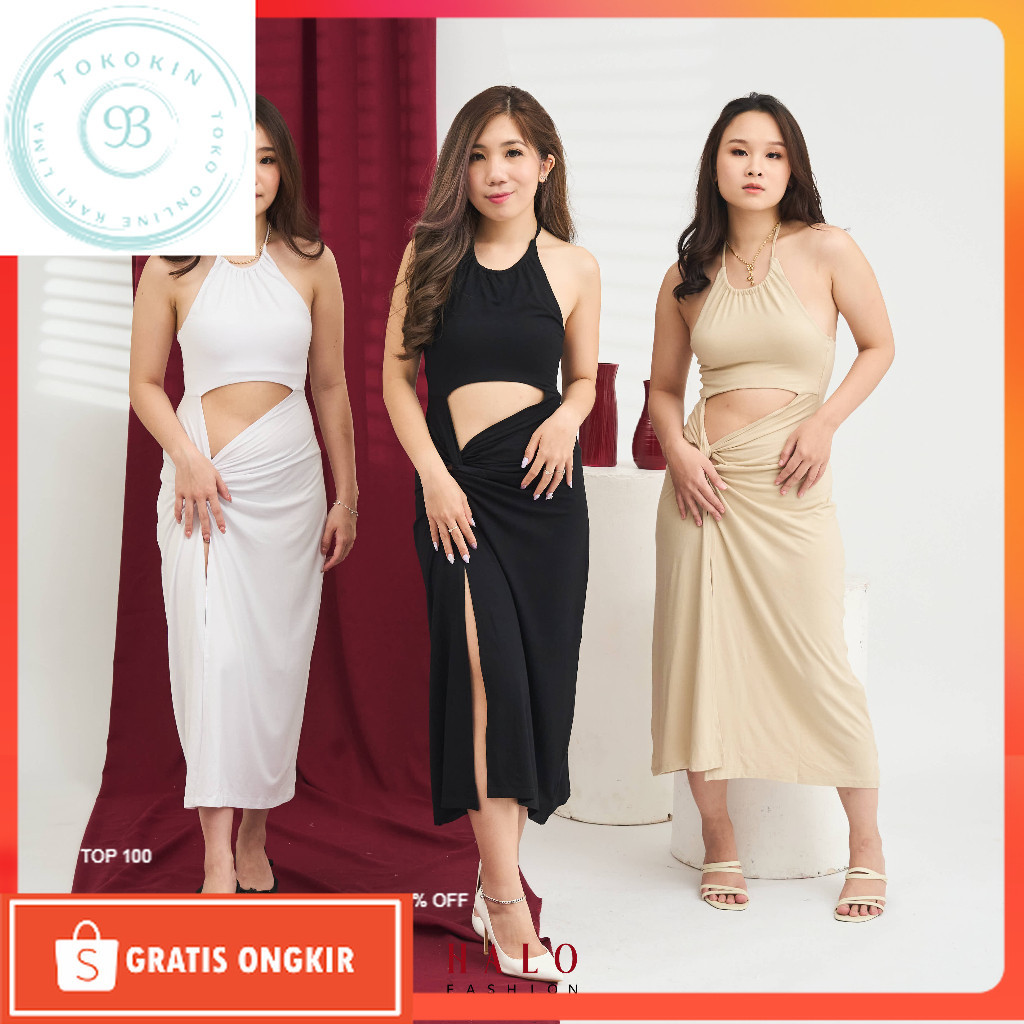 Dress Kekinian / [HaloFashion] Ariana Sexy Dress Halter Dress Midi Dress Elegant Dress Korean Fashio