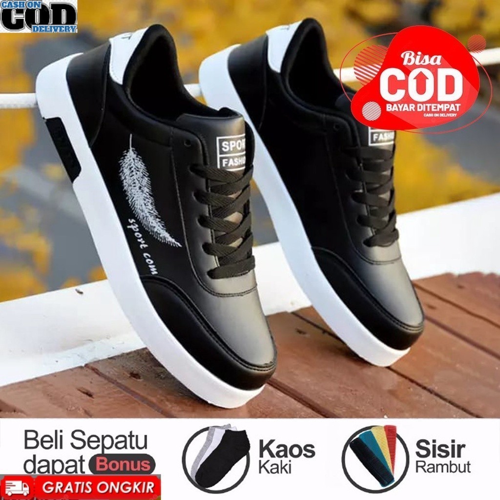 SEPATU COWOK HITAM POLOS KEREN KASUAL UNTUK SEKOLAH BONUS KAOS KAKI DAN SISIR