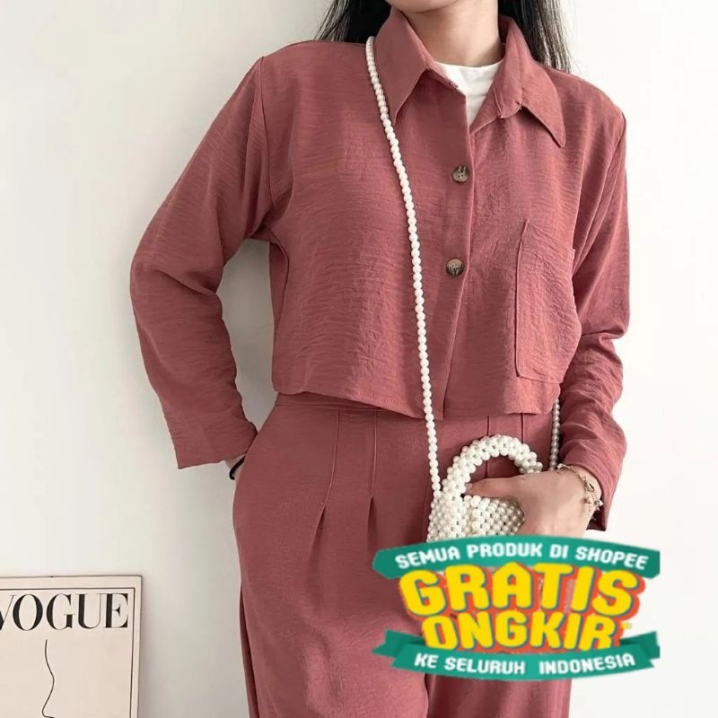 SETELAN WANITA SET CRINGKLE ONE SET CROP TOP BLEZER || KEMEJA CROP CRINGKLE || SET WANITA/ Menyala