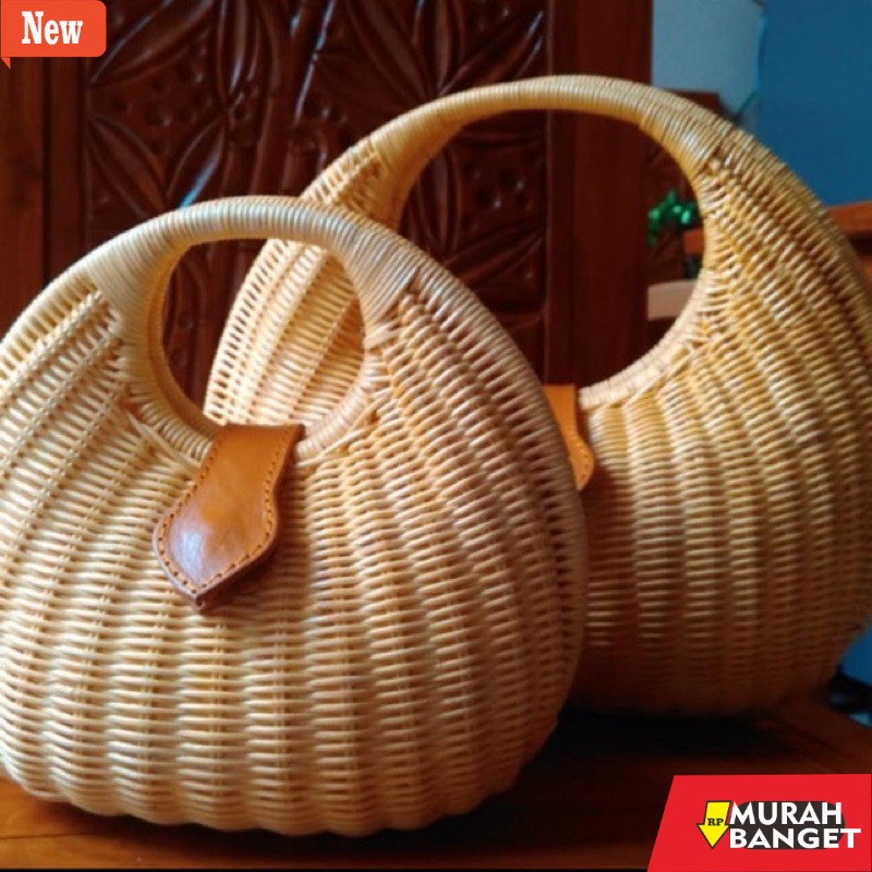 Tas Bulan Sabit Wanita Tas Rotan Telur kombinasi kulit asli
