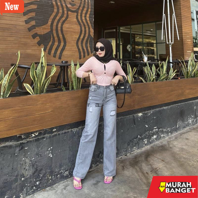 Denim Panjang Wanita Highwaist kulot grey Ripped jeans (tidak tembus)/ jeans looser grey wanita