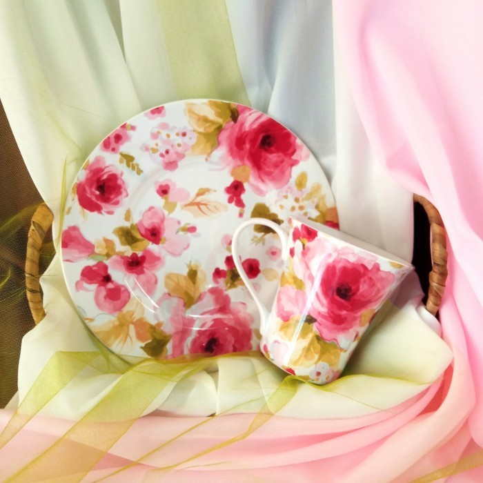 ✨LARIS✨ -Piring Keramik Set dan Mug Motif Bunga Ros Pink Kalem