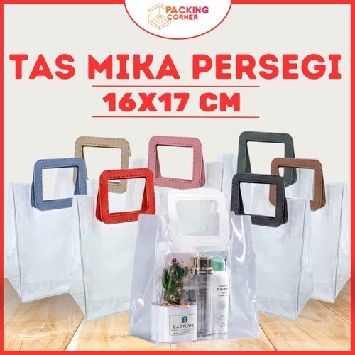 

Tas Mika PVC Transparan Handle Persegi Kulit 17x16cm 17 x 16 cm Leather Goodie Bag Kantong Souvenir Hampers Aksesoris Ulang Tahun Lebaran Aneka Warna Pegangan Premium