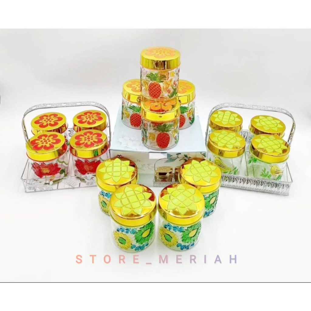 SM,TOPLES KACA MOTIF BUNGA CANTIK  SATU SET KERANJANG SERBAGUNA TOPLES KUE KERING LEBARAN// PRODUK M