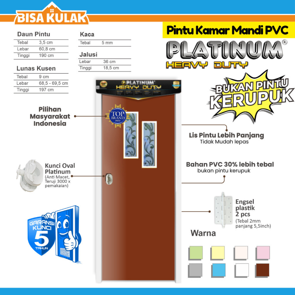Pintu Kamar Mandi PVC Heavy Duty Platinum - PKK Coklat + Kunci Oval coklat