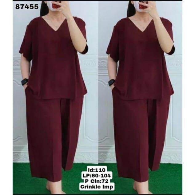 SETELAN CRINKLE PENDEK / PAJAMAS LENGAN PENDEK POLOS / SETELAN CRINKLE WANITA CELANA 7/8