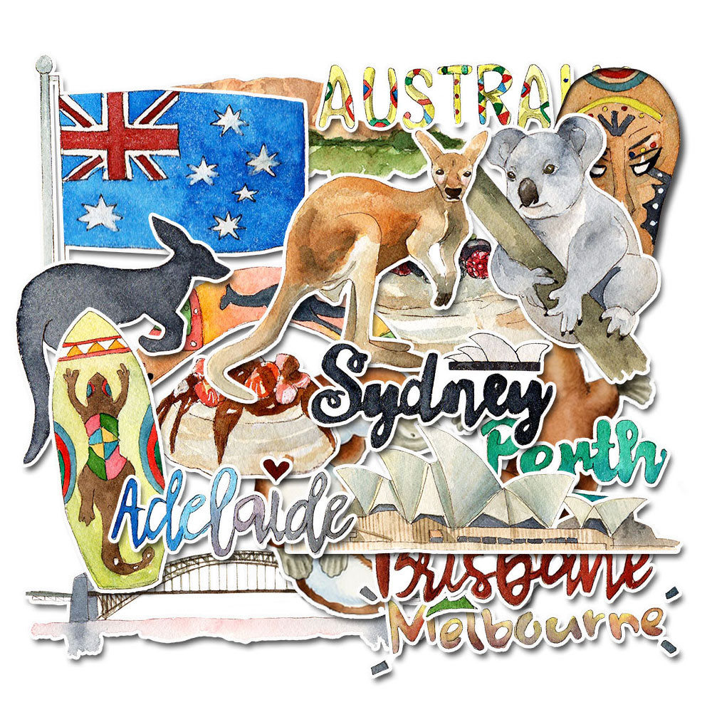 

Pack of 20 Watercolor Australia Travel Sticker Pack - Cute Decals for Water Bottles,Laptops,Scrapbook,Phone Case,DIY Decoration