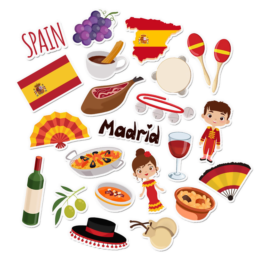 

Pack of 32 Spain Stickers Self-adhesive Spanish Travel Decals for Handbook, Laptop, Journal, Water Bottle, DIY Craft Decor