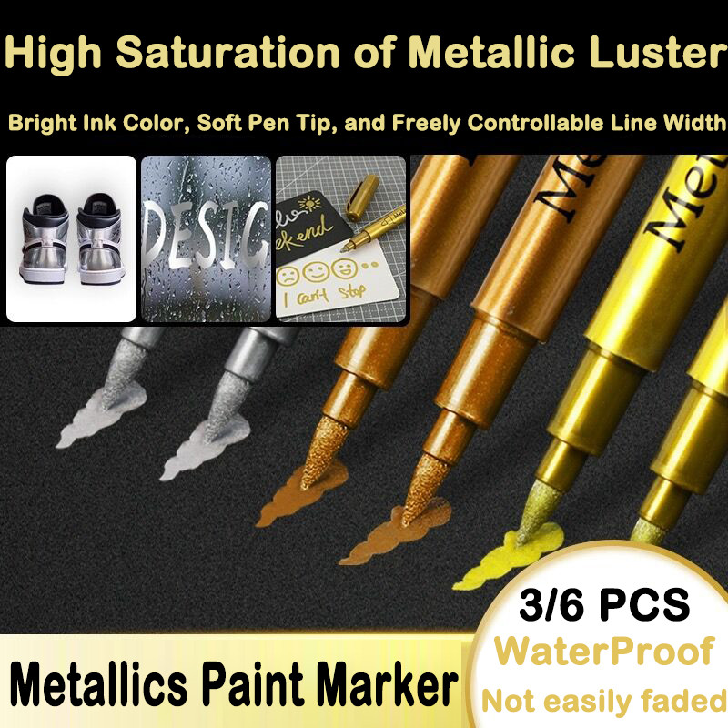 

3/6 PCS Brush Metallic Marker Pens Gold Silver Color Permanent Art Marker for Manga Crafts Art School Stationery Supplies