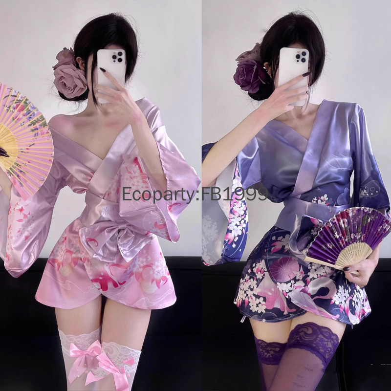 3pcs Women's Sexy Japanese Kimono Pajamas Suit Purple Printed Traditional Yukata Bathrobe Thongs Lad