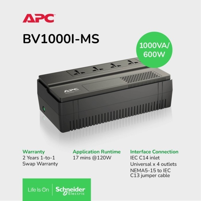 EASY UPS APC SCHNEIDER ELECTRIC BV 1000VA AVR UNIVERSAL OUTLET 230V - BV1000I-MS