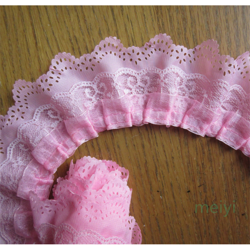 

5 yards Pink 65mm 3-layer Pleated Organza Lace Ribbon Gathered Mesh Fabric Handmade DIY Wedding Dress Lace Trim Sewing Craft
