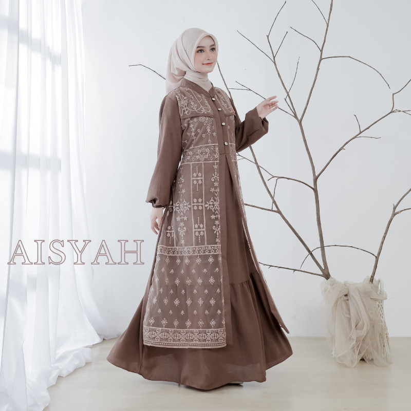 {PROMO RAMADHAN} Dress Gamis Brokat Wanita Terbaru Tile Elagan Crinkle Airflow Premium - Aisyah by E