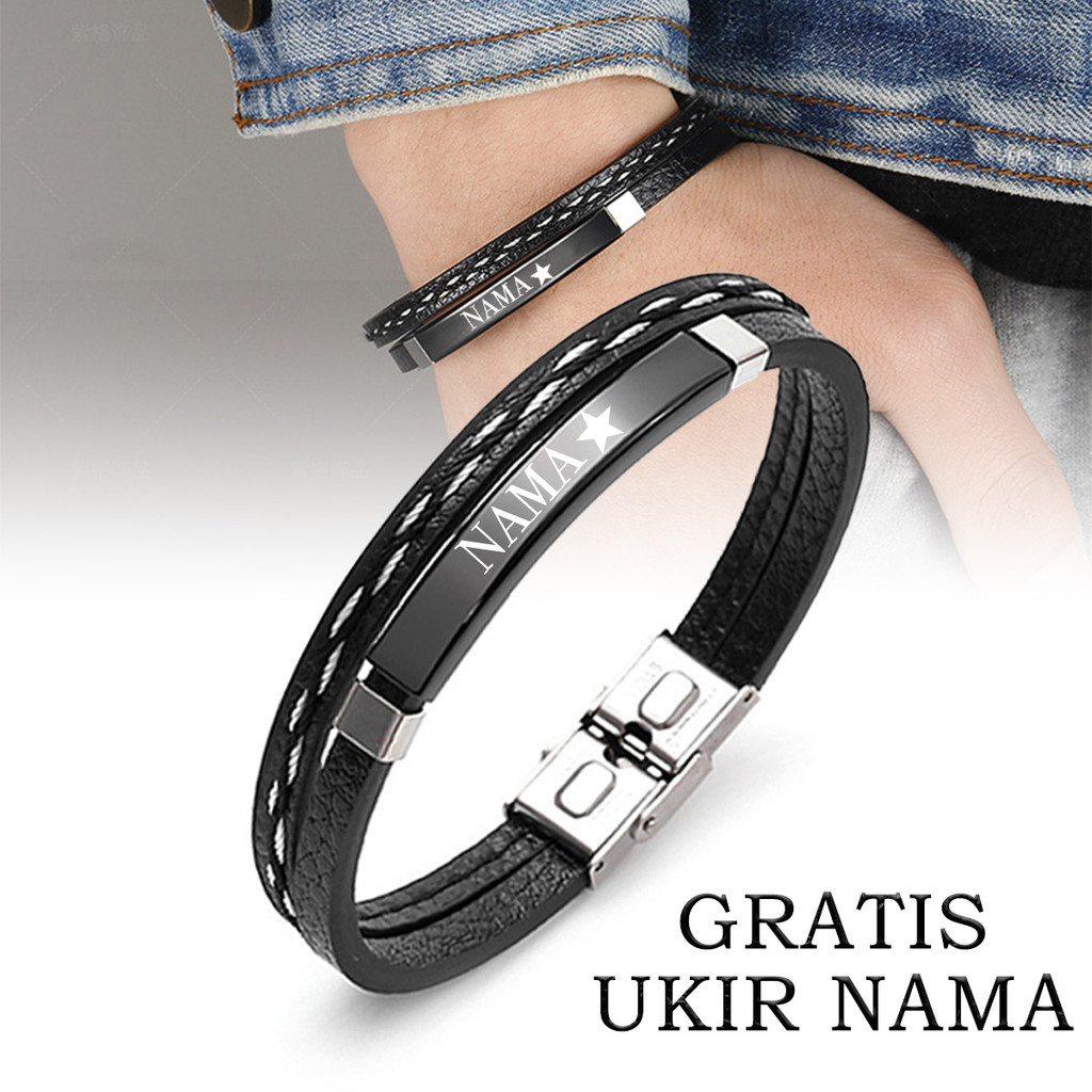 Request Nama Gelang Kulit Perhiasan Pria Gelang Kulit Kepang Buatan Tangan Ukuran 21.5 CM Panjang Di