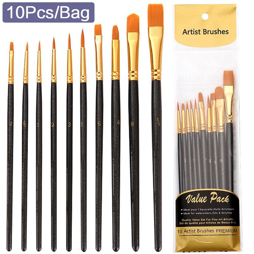 

STONEGO 10Pcs/Bag Nylon Paint Brushes Set with Wooden Handles for Watercolor and Acrylic Painting Art Supplies and Stationery