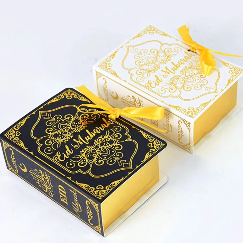 

6pcs Ramadan Eid Mubarak Favor Boxes Treat Box Party Decoration Square Candy Box with Golden Ribbon for Eid Party Supplies