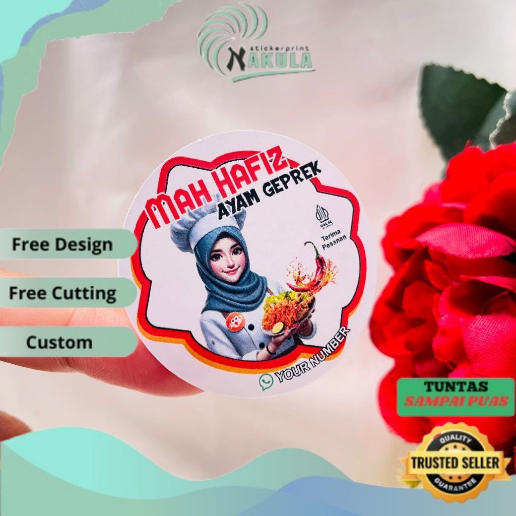 

NKL 2-4 Cetak Stiker Makanan Ayam Geprek Goreng Bulat Chromo Sticker Label Box Kardus Custom