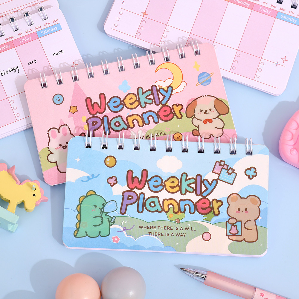 

50 Sheets Cute Cartoon Weekly Planner PVC Waterproof Hardcover Daily Schedule Student Class Notebook Portable Notepad Organizer
