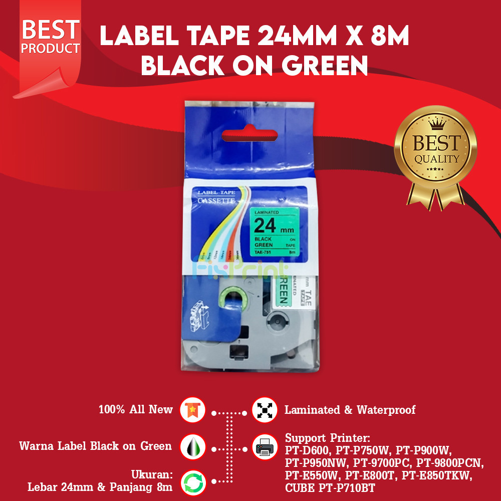 

Label Tape Casette Laminated 24mm Black On Green TZE-751 TZe-751 Compatible