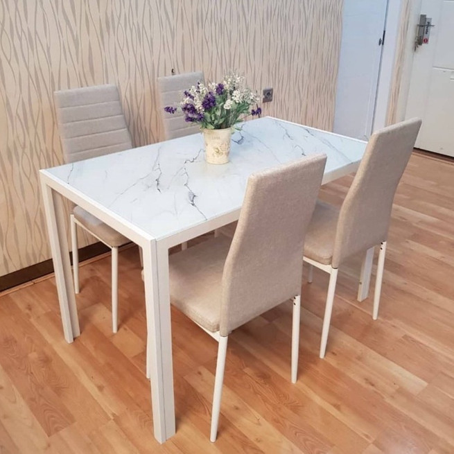 Meja Makan Kaca Motif Marmer 4 Kursi