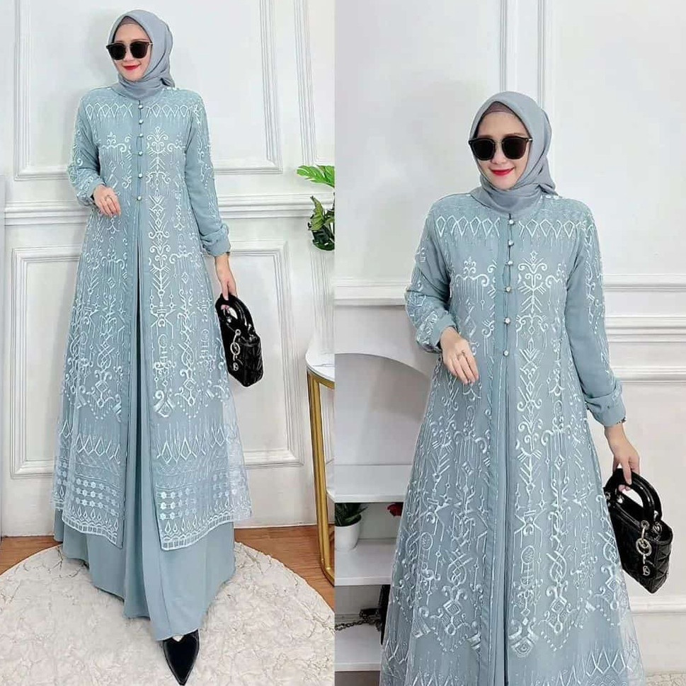 Vallina Outfit - Sabrina Maxy Dress Brokat Layering Gamis Muslim Wanita Ceruty Babydoll Kondangan Pe