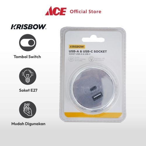 Ace Krisbow Stop Kontak Usb Type A & C Round - Silver Electric Socket Terminal Colokan Listrik Kotak Kontak Peralatan Elektronik