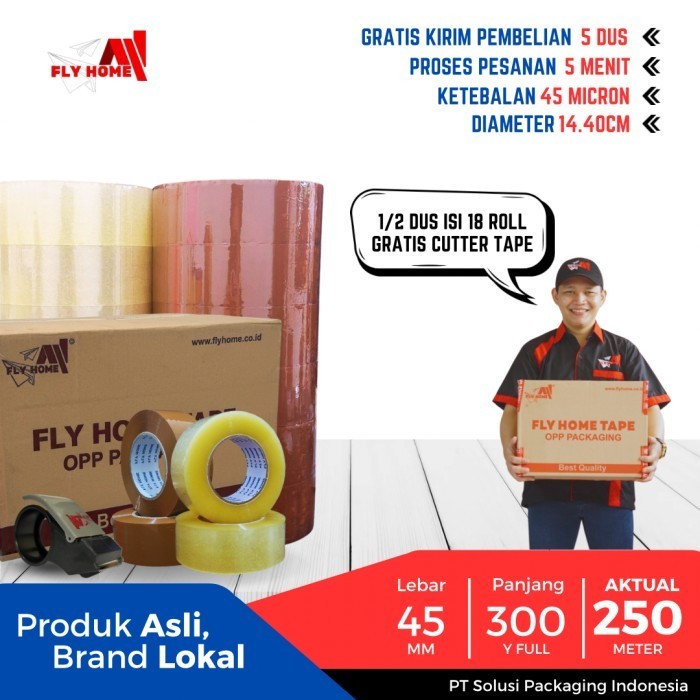 

FLYHOME Lakban bening coklat 45x300yard 18roll 2inchi ukuran FULL 1/2dus