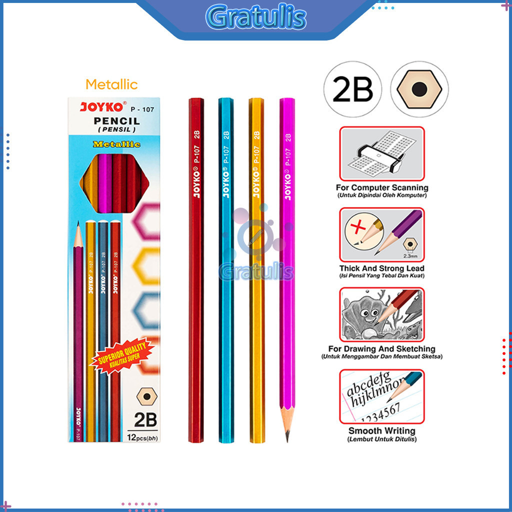 

PENSIL 2B JOKYO P-107 (1 PACK/12 PCS) / ALAT TULIS SEKOLAH / PINSIL / PENCIL GAMBAR WARNA METALIC / PINGSIL