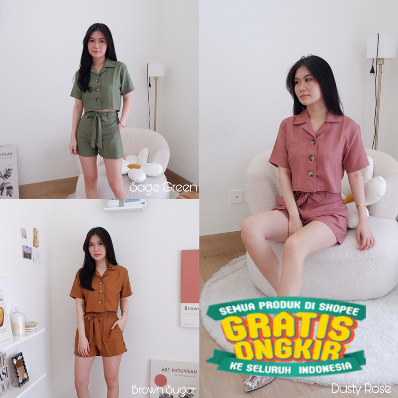 Zoya Set - One Set Pendek Wanita - Setelan Wanita Kemeja Celana Pendek/ Menyala