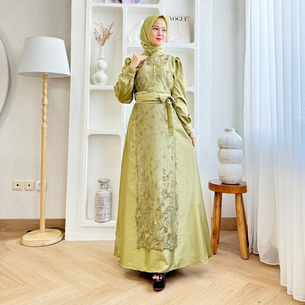 Demore Vinara Dress Satin Cantik - Gamis Kondangan Kombinasi Brokat Ellegan