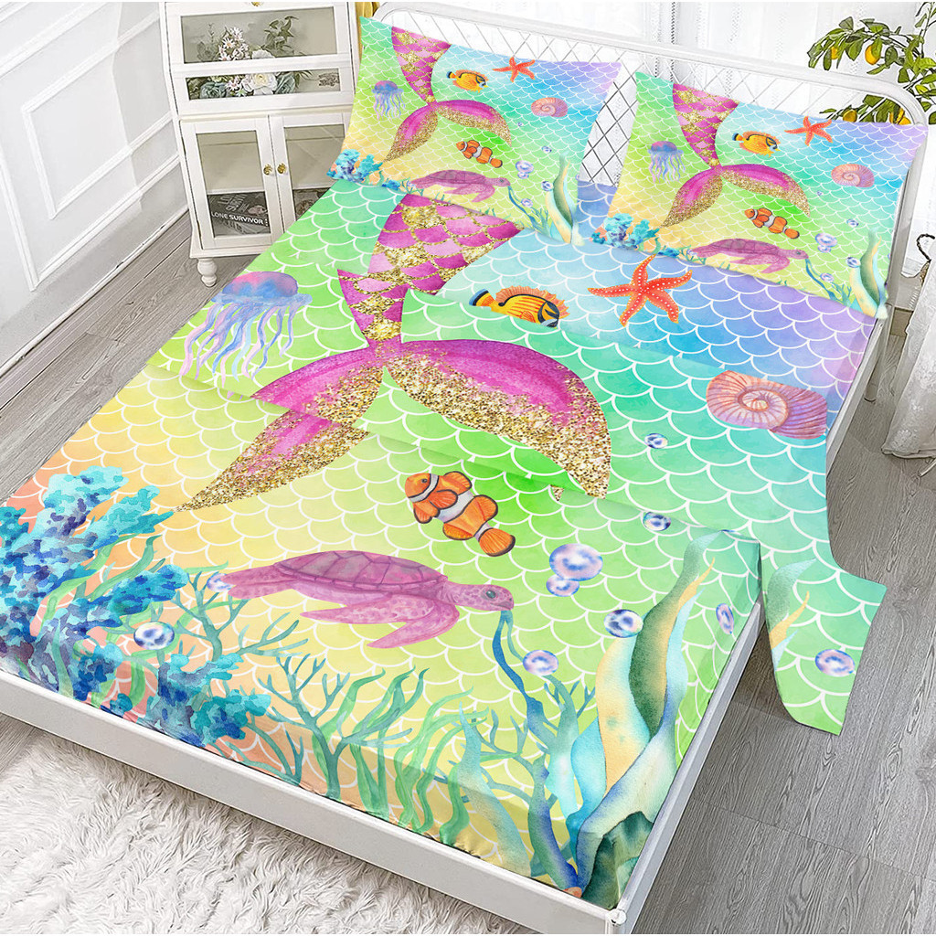 

Golden Paillette Mermaid Tail 4-Piece Ocean Life Sea Animal Sheet Set Soft Includes 1 Flat Sheet,1 Fitted Sheet,2 Shams