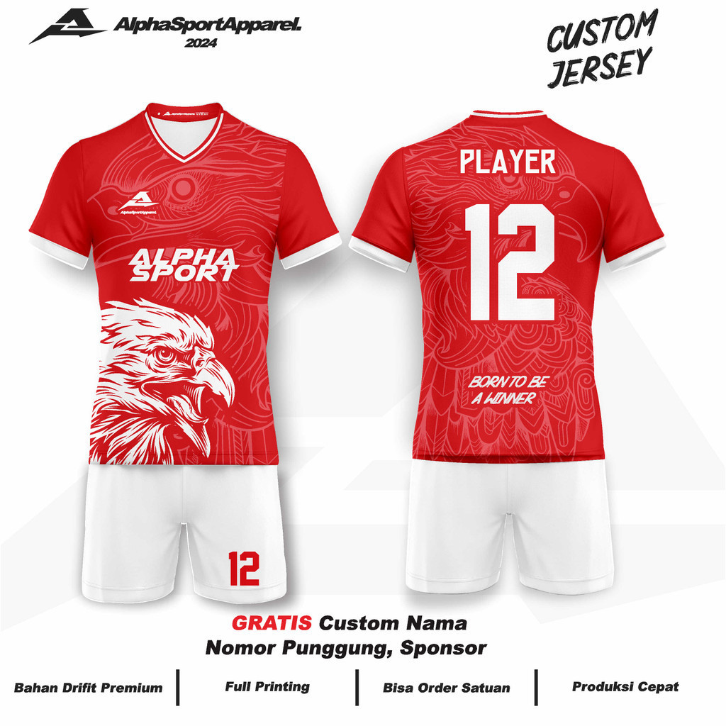 Jersey  Bola Futsal Voli Badminton 197 Motif Garuda Head Merah Putih Edisi Kemerdekaan 17 Agustus Gr