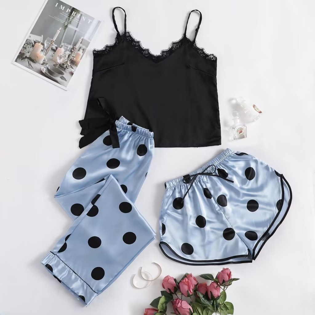 Pola set Piyama Baju tidur Tanktop Lingerie Celana Panjang Pendek Satin Silk Salur Seserahan Premium
