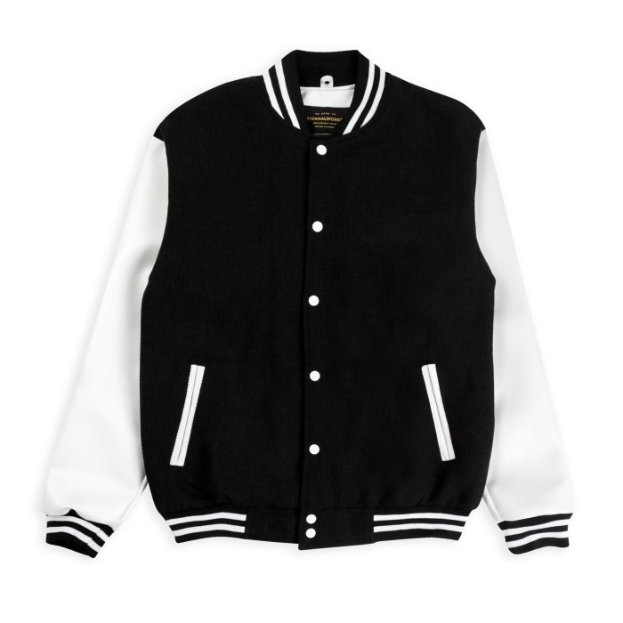 JAKET PRIA - ETERNALWORKS VARSITY JACKET BLACK WHITE JAKET VARSITY - XL