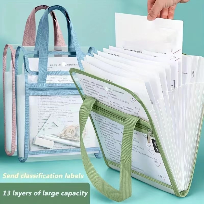 

13 Layer Folder Paper Storage Bag Portable Organ Bag A4 Large Capacity Paper Organizing Tool Data Bag Handle for School Office