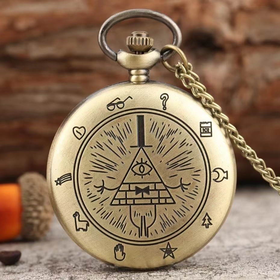 Retro Bronze Pocket Watch Dice DND Metal Dice With Necklace Chain Bill Cipher Pocket Watch Dice Box 