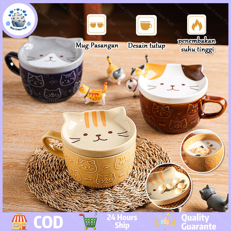 【ready stock】Set Mug Keramik Kucing dengan Tutup Kartun Kucing Mug Lucu Mug Keramik Bernilai Tinggi 