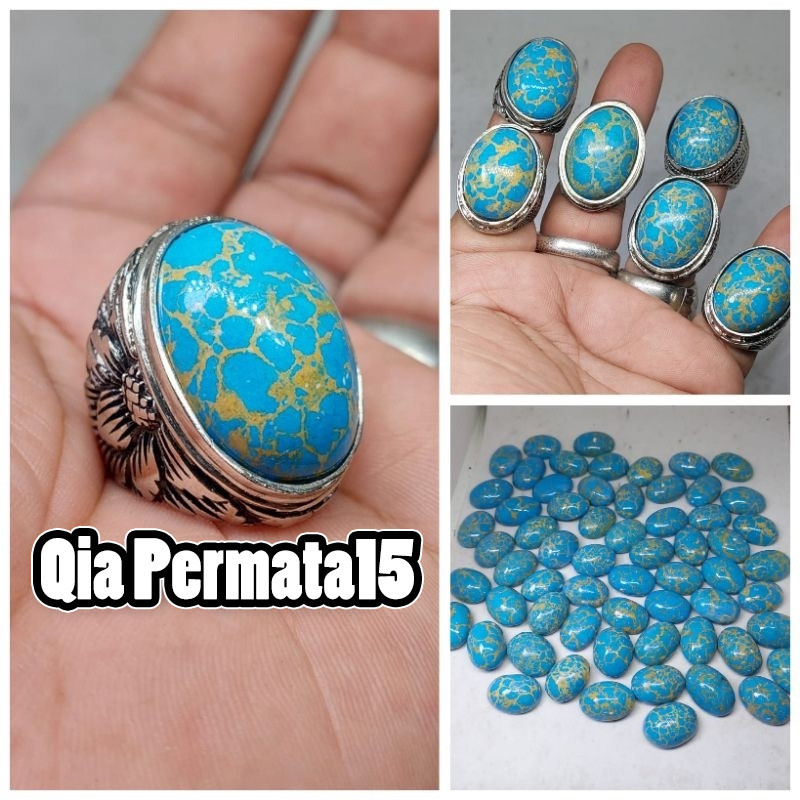 Cincin batu pirus mesir blue royal  serat emas jumbo jenong