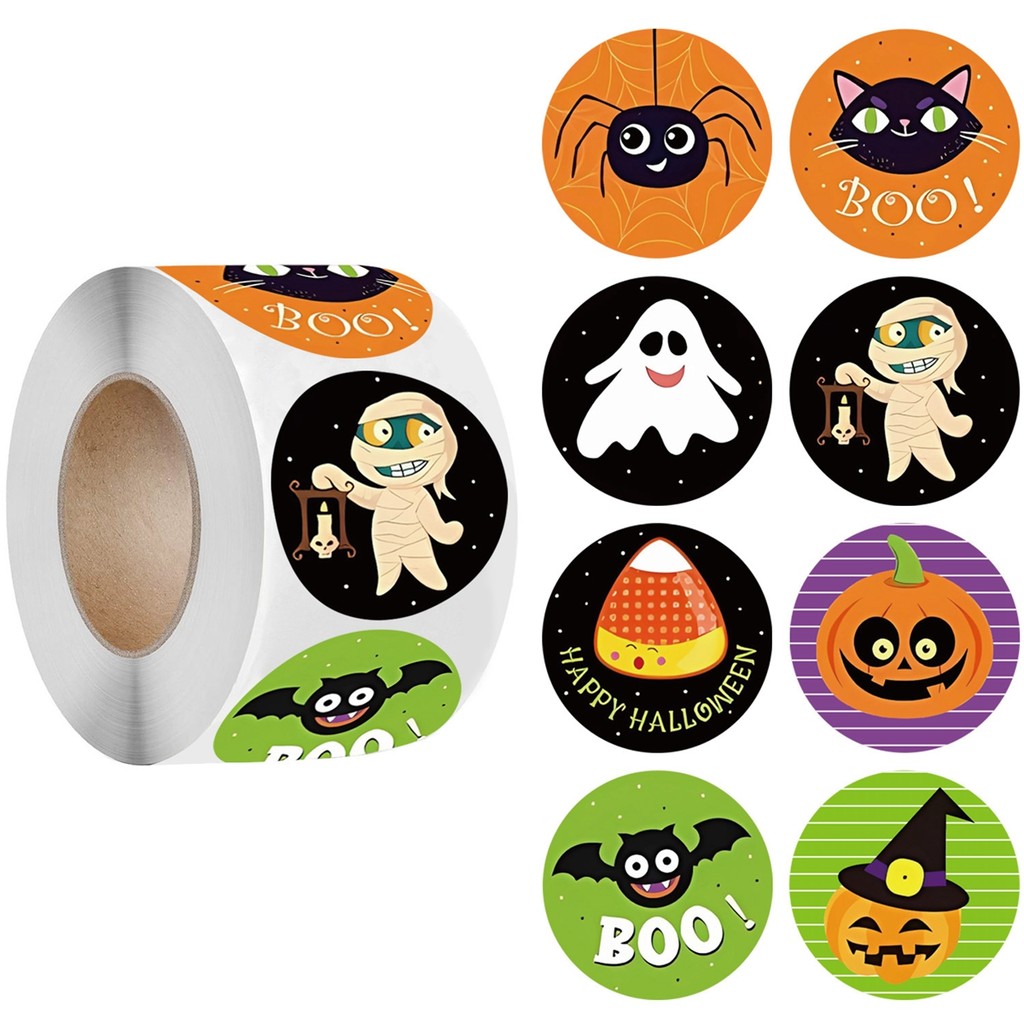 

100-500pcs Halloween Black Bat DIY Round Stickers Sealing Packaging Stickers Halloween Gift Decoration 8 Spooky designs