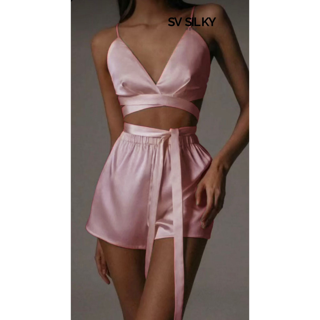 RK46Y SV SILKY Piyama Set Fushimi Korean Satin Silk Pajama set Sleepwear Satin short Baju Dinas Baju